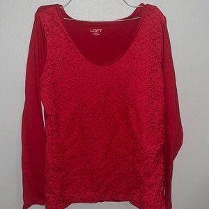 LOFT | Lovely Lace Long Sleeve Red Medium Top 100% Cotton